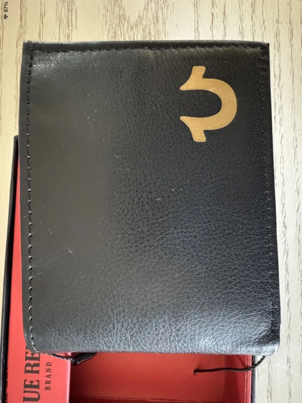 True Religion Black Leather Card Holder with Gold Horseshoe Accent